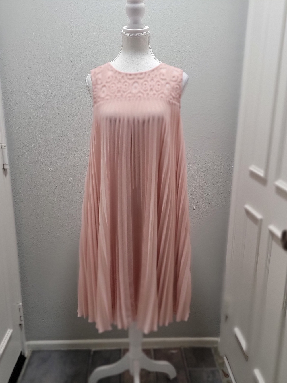 Joseph Ribkoff Signature Collection Blush Pleated Midi Dress with Crochet Yoke